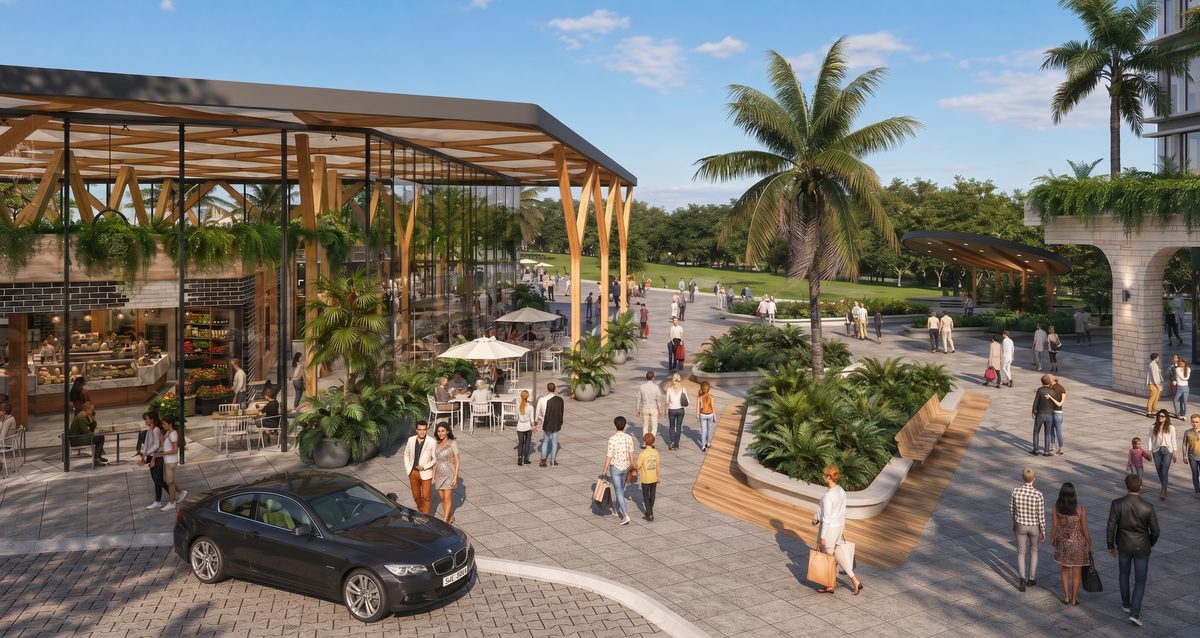 Artist impression of a drop-off area outside a glass-walled dining pavilion at Toombul, with shoppers walking past palm-planted garden beds
